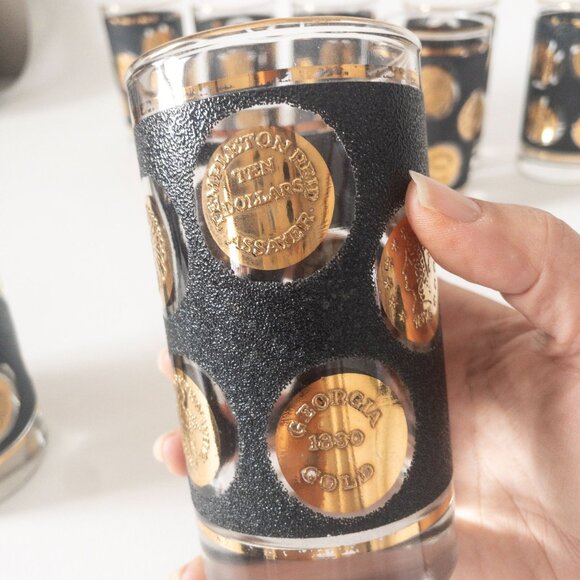 Vintage Libbey black textured 22-karat gold coin glasses MCM 1960s barware (9) - Picture 7 of 16